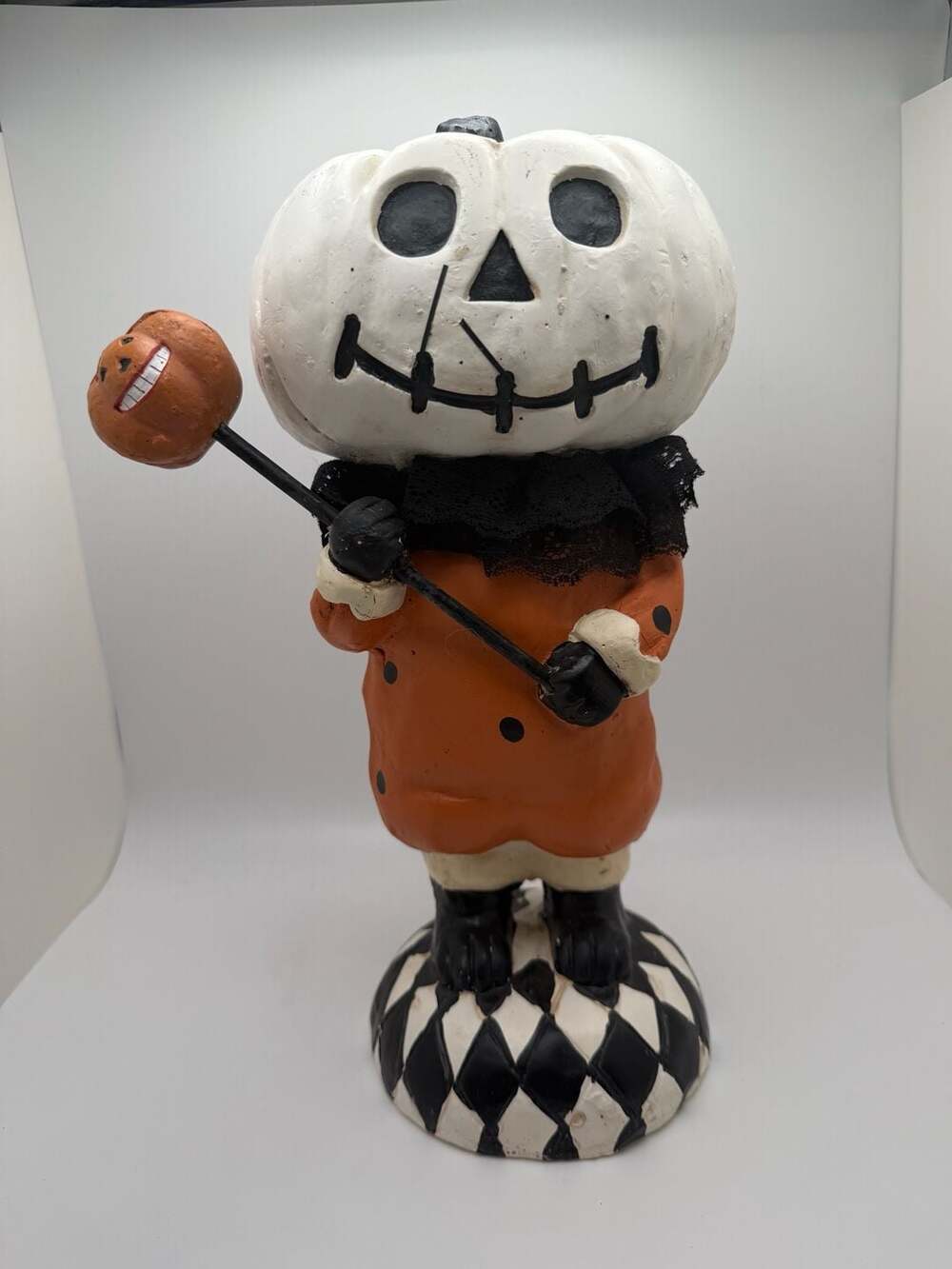 Halloween Pumpkin Head Figurine 13” Jack O Lantern Folk Art Harlequin Decor